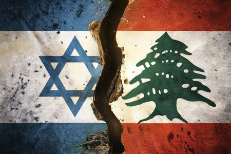 Israel vs Lebanon. Lebanon flag. Israel flag. War. Burst. Conflict between Lebanon and Israel. Explosion in portの写真素材