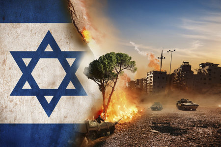 Israel vs Lebanon. Lebanon flag. Israel flaf. War. Burst. Conflict between Lebanon and Israel. Hezbollah leader warns Israel against extending war to Lebanon. Explosion in portの写真素材