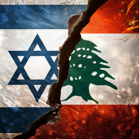 Israel vs Lebanon. Lebanon flag. Israel flaf. War. Burst. Conflict between Lebanon and Israel. Hezbollah leader warns Israel against extending war to Lebanon. Explosion in portの写真素材