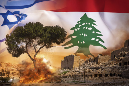 Israel vs Lebanon. Lebanon flag. Israel flaf. War. Burst. Conflict between Lebanon and Israel. Hezbollah leader warns Israel against extending war to Lebanon. Explosion in portの写真素材