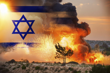 Israel vs Lebanon. Lebanon flag. Israel flaf. War. Burst. Conflict between Lebanon and Israel. Hezbollah leader warns Israel against extending war to Lebanon. Explosion in portの写真素材