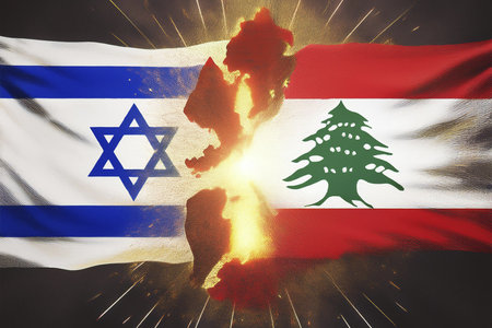 Israel vs Lebanon. Lebanon flag. Israel flaf. War. Burst. Conflict between Lebanon and Israel. Hezbollah leader warns Israel against extending war to Lebanon. Explosion in portの写真素材