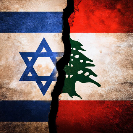 Israel vs Lebanon. Lebanon flag. Israel flaf. War. Burst. Conflict between Lebanon and Israel. Hezbollah leader warns Israel against extending war to Lebanon. Explosion in portの写真素材