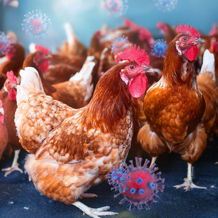 Chicken. Avian influenza. H5N1 and H5N2. Very Babys chicks at farm. Possible case transmitted to a human. Increases the possibility of contagion between humans. Bird flu.の写真素材