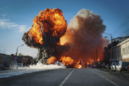 War. Conflict zone. Warzone. Explosion in a city causing smoke in the air with fighter planes in the sky. Burst. Conflict between nations.の写真素材