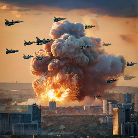 War. Conflict zone. Warzone. Explosion in a city causing smoke in the air with fighter planes in the sky. Burst. Conflict between two nations.の写真素材