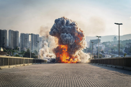 War. Conflict zone. Warzone. Explosion in a city causing smoke in the air. Burst. Conflict between two parties.の写真素材
