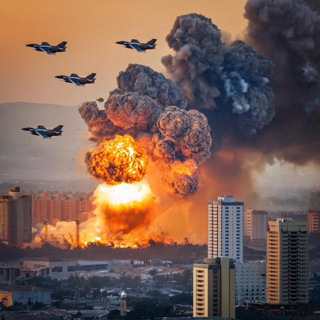 War. Conflict zone. Warzone. Explosion in a city causing smoke in the air with fighter planes in the sky. Burst. Conflict between nations. Explosion in an urban area with military aircraft overhead.の写真素材