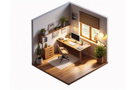 Room. 3D Render of a cozy study room with a wooden desk, plush chair, and warm lighting, floor plan, on isolated white background.の写真素材