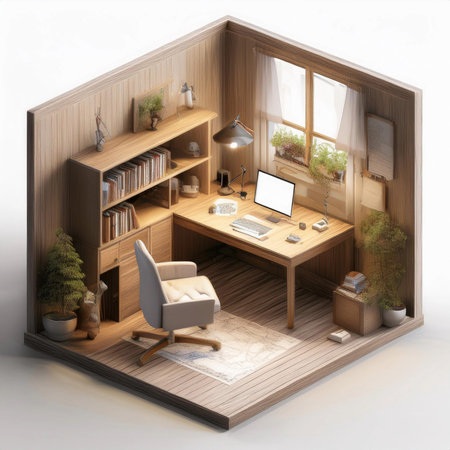 Room. 3D Render of a cozy study room with a wooden desk, plush chair, and warm lighting, floor plan, on isolated white background.の写真素材