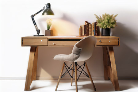 Room. 3D Render of a cozy study room with a wooden desk, plush chair, and warm lighting, floor plan, on isolated white background.の写真素材