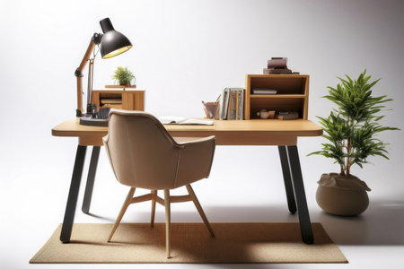 Room. 3D Render of a cozy study room with a wooden desk, plush chair, and warm lighting, floor plan, on isolated white background.の写真素材