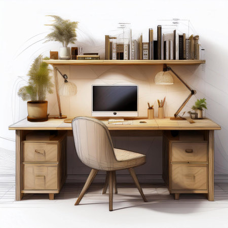 Room. 3D Render of a cozy study room with a wooden desk, plush chair, and warm lighting, floor plan, on isolated white background.の写真素材