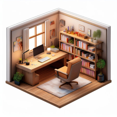 Room. 3D Render of a cozy study room with a wooden desk, plush chair, and warm lighting, floor plan, on isolated white background.の写真素材