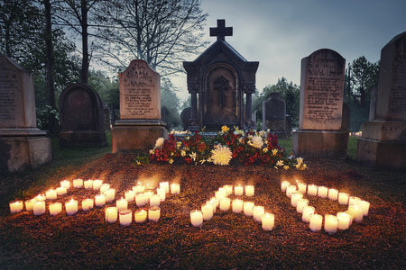 Tomb. Tomb with candles. Religious tomb with candles. Death. Vatican City. Italy.の写真素材
