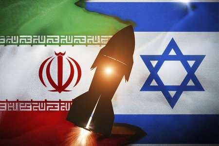 Iran vs Israel. Iran vs Israel flag. Missile design. Burst. Conflict in the Middle East. Diplomatic relations between Israel and Iran. Flags of the two countries. October. 2024の写真素材