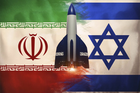 Iran vs Israel. Iran vs Israel flag. Missile design. Burst. Conflict in the Middle East. Diplomatic relations between Israel and Iran. Flags of the two countries. October. 2024の写真素材