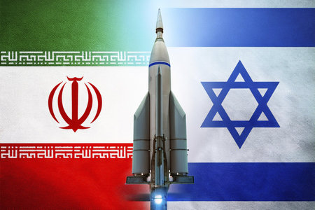 Iran vs Israel. Iran vs Israel flag. Missile design. Burst. Conflict in the Middle East. Diplomatic relations between Israel and Iran. Flags of the two countries. October. 2024の写真素材