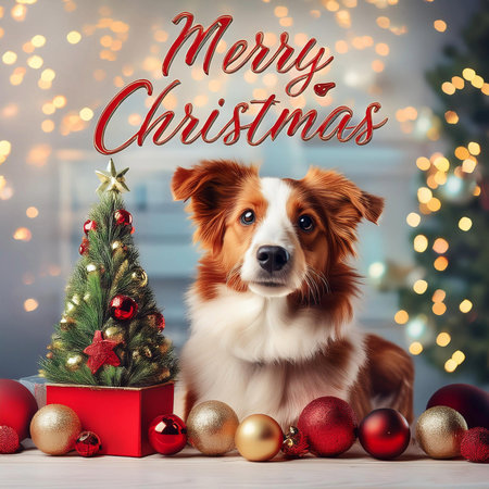 Dog with Christmas decorations. Merry Christmas text. Happy dog in a santa hat on the background of a winter landscape. Banner. Copyspace, place for your text. Merry Christmas. 202の写真素材