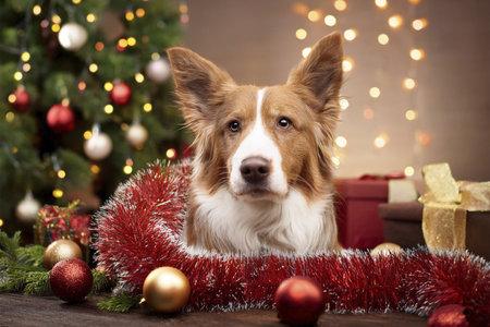 Dog with Christmas decorations. Merry Christmas text. Happy dog in a santa hat on the background of a winter landscape. Banner. Copyspace, place for your text. Merry Christmas. 202の写真素材