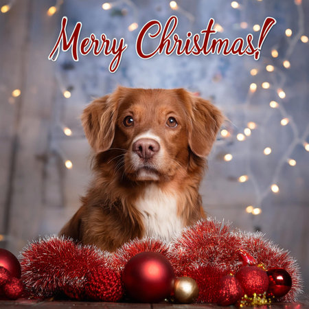 Dog with Christmas decorations. Merry Christmas text. Happy dog in a santa hat on the background of a winter landscape. Banner. Copyspace, place for your text. Merry Christmas.の写真素材