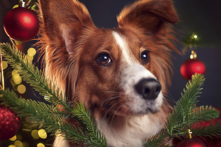 Dog with Christmas decorations. Merry Christmas text. Happy dog in a santa hat on the background of a winter landscape. Banner. Copyspace, place for your text. Merry Christmas.の写真素材