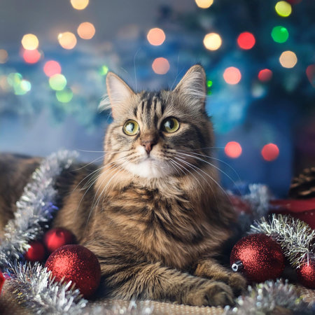 Cat with Christmas decorations. Merry Christmas text. Happy cat in a santa hat on the background of a winter landscape. Banner. Copyspace, place for your text. Merry Christmas.の写真素材