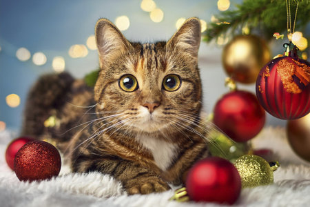 Cat with Christmas decorations. Merry Christmas text. Happy cat in a santa hat on the background of a winter landscape. Banner. Copyspace, place for your text. Merry Christmas.