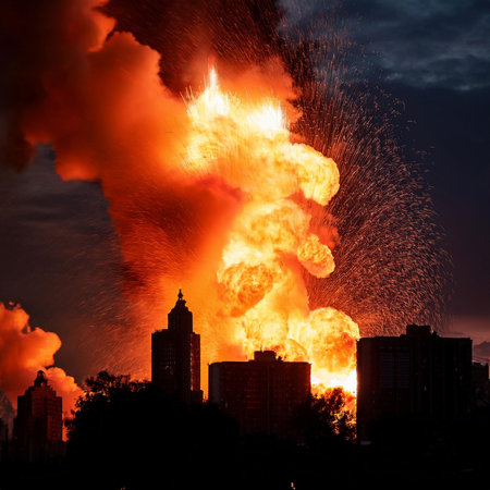 Explosion and fire with silhouettes of city buildings. Israel VS Iran. Conflict in the Middle East. Bomb blasts destroy buildings. Large explosions. Beirut.の写真素材