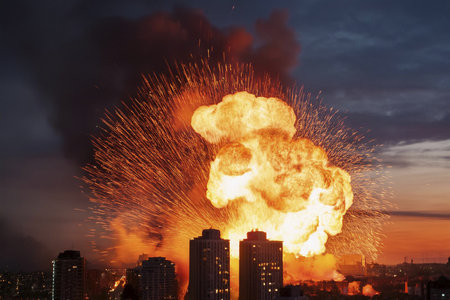 Explosion and fire with silhouettes of city buildings. Israel VS Iran. Conflict in the Middle East. Bomb blasts destroy buildings. Large explosions. Beirut.の写真素材