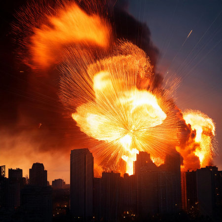 Explosion and fire with silhouettes of city buildings. Israel VS Iran. Conflict in the Middle East. Bomb blasts destroy buildings. Large explosions. Beirut.の写真素材