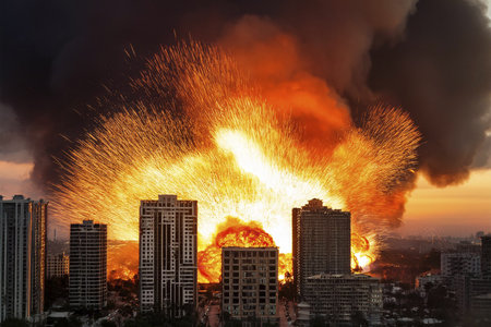 Explosion and fire with silhouettes of city buildings. Israel VS Iran. Conflict in the Middle East. Bomb blasts destroy buildings. Large explosions. Beirut.の写真素材