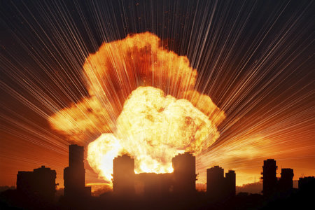 Explosion and fire with silhouettes of city buildings. Israel VS Iran. Conflict in the Middle East. Bomb blasts destroy buildings. Large explosions. Beirut.の写真素材