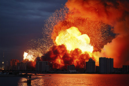 Explosion and fire with silhouettes of city buildings. Israel VS Iran. Conflict in the Middle East....