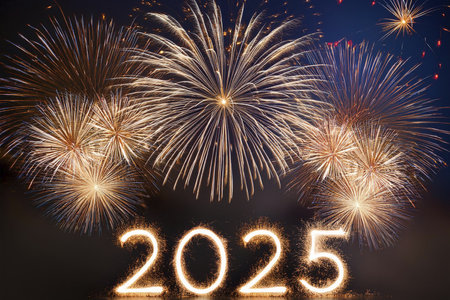 2025. Fireworks. Happy New Year 2025. Fireworks with the text "2025". Banner, background, postcard for congratulating the new year.の写真素材
