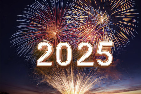 2025. Fireworks. Happy New Year 2025. Fireworks with the text "2025". Banner, background, postcard for congratulating the new year.の写真素材
