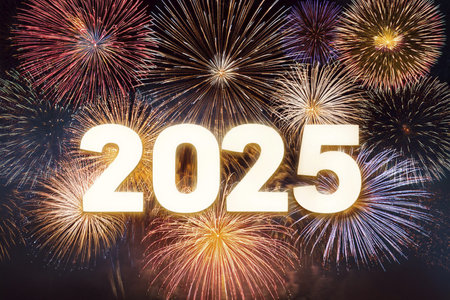 2025. Fireworks. Happy New Year 2025. Fireworks with the text "2025". Banner, background, postcard for congratulating the new year.の写真素材