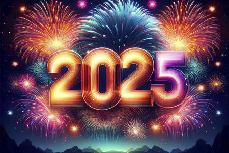 2025. Fireworks. Happy New Year 2025. Fireworks with the text 2025. Banner, background, postcard for...