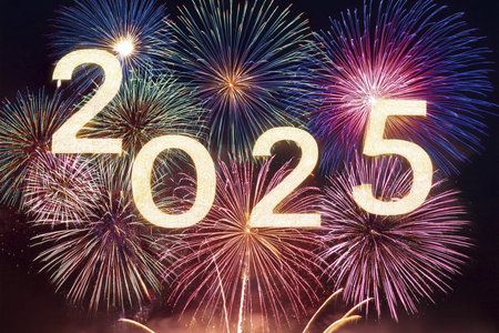 2025. Fireworks. Happy New Year 2025. Fireworks with the text 2025. Banner, background, postcard for...