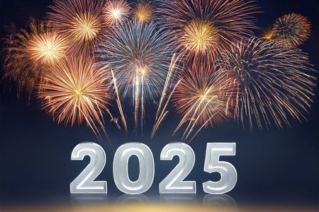 2025. Fireworks. Happy New Year 2025. Fireworks with the text 2025. Banner, background, postcard for...