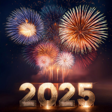 2025. Fireworks. Happy New Year 2025. Fireworks with the text 2025. Banner, background, postcard for...