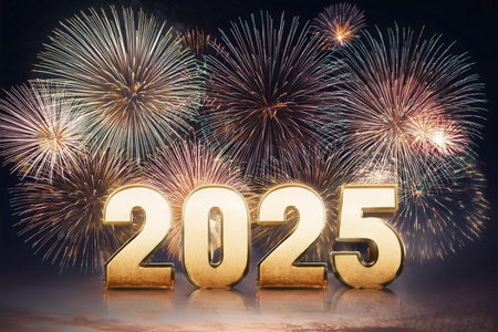2025. Fireworks. Happy New Year 2025. Fireworks with the text 2025. Banner, background, postcard for...