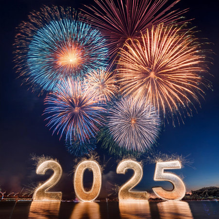 2025. Fireworks. Happy New Year 2025. Fireworks with the text "2025". Banner, background, postcard for congratulating the new year.の写真素材