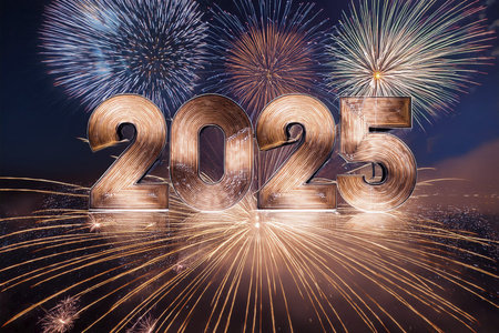 2025. Fireworks. Happy New Year 2025. Fireworks with the text 2025. Banner, background, postcard for...