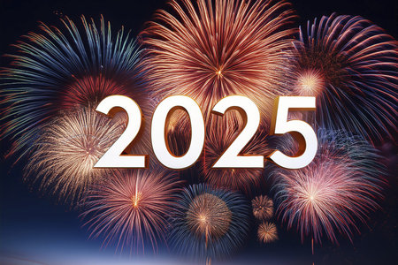 2025. Fireworks. Happy New Year 2025. Fireworks with the text 2025. Banner, background, postcard for...