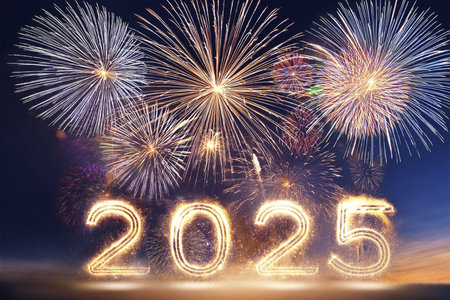 2025. Fireworks. Happy New Year 2025. Fireworks with the text "2025". Banner, background, postcard for congratulating the new year.の写真素材