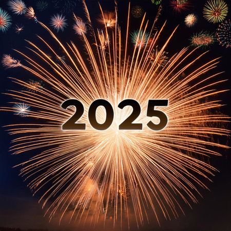 2025. Fireworks. Happy New Year 2025. Fireworks with the text "2025". Banner, background, postcard for congratulating the new year.の写真素材