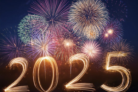 2025. Fireworks. Happy New Year 2025. Fireworks with the text "2025". Banner, background, postcard for congratulating the new year.の写真素材