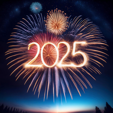 2025. Fireworks. Happy New Year 2025. Fireworks with the text "2025". Banner, background, postcard for congratulating the new year.の写真素材