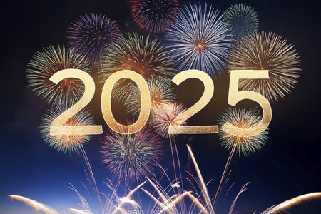 2025. Fireworks. Happy New Year 2025. Fireworks with the text "2025". Banner, background, postcard for congratulating the new year.の写真素材